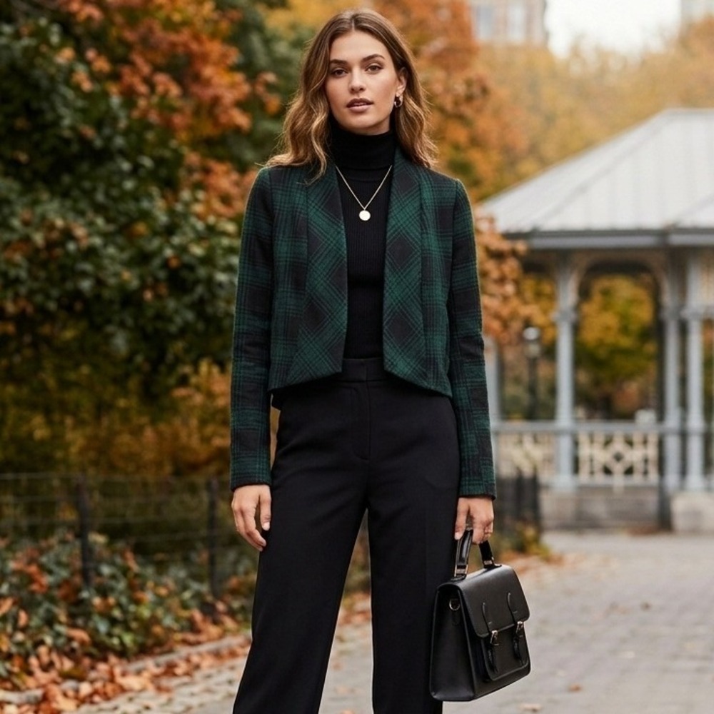 BB Dakota Plaid Wool‎ Blend Jacket Womens Small Green Black Dark Academia Twee